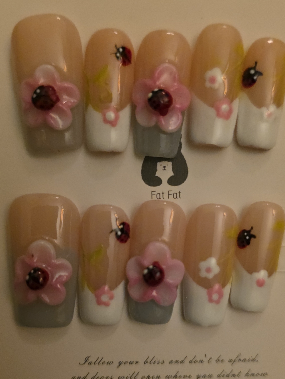 Floral Pink Press-On Nail Set with Ladybug Accents Set Of 10 Size Large